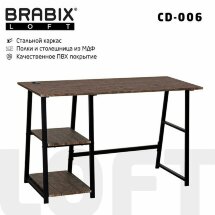 Стол на металлокаркасе BRABIX &quot;LOFT CD-006&quot;, 1200х500х730 мм, 2 полки, цвет морёный дуб, 641224