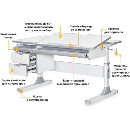 Детский стол Mealux Hamilton Multicolor WG Lite  арт. BD-680 WG/MC Lite  - столешница белая / накладки на ножках серые  коробок 2 шт. 