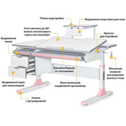 Детский стол Mealux Hamilton Multicolor PN   полка S-50  арт. BD-680 WG/MC   PN   S-50  - столешница белая / накладки серые и розовые  коробок 4 шт. 