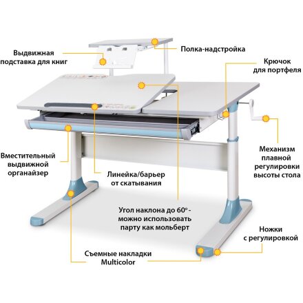 Детский стол Mealux Vancouver Multicolor BL   полка S-50  арт. BD-620 W/MC   BL   S-50  - столешница белая / накладки на ножках серые и голубые  три коробки 