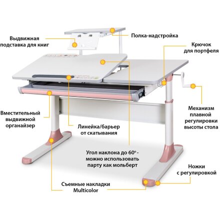 Детский стол Mealux Vancouver Multicolor PN   полка S-50  арт. BD-620 W/MC   PN   S-50  - столешница белая / накладки на ножках серые и розовые  три коробки 